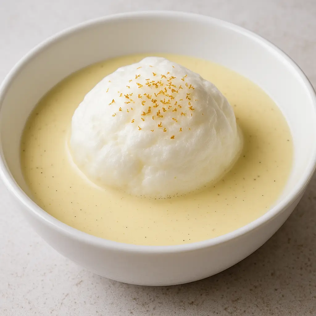 A poached meringue floating on a sweet creamy chilled sauce Demartin Mirage Hotel Nsukka
