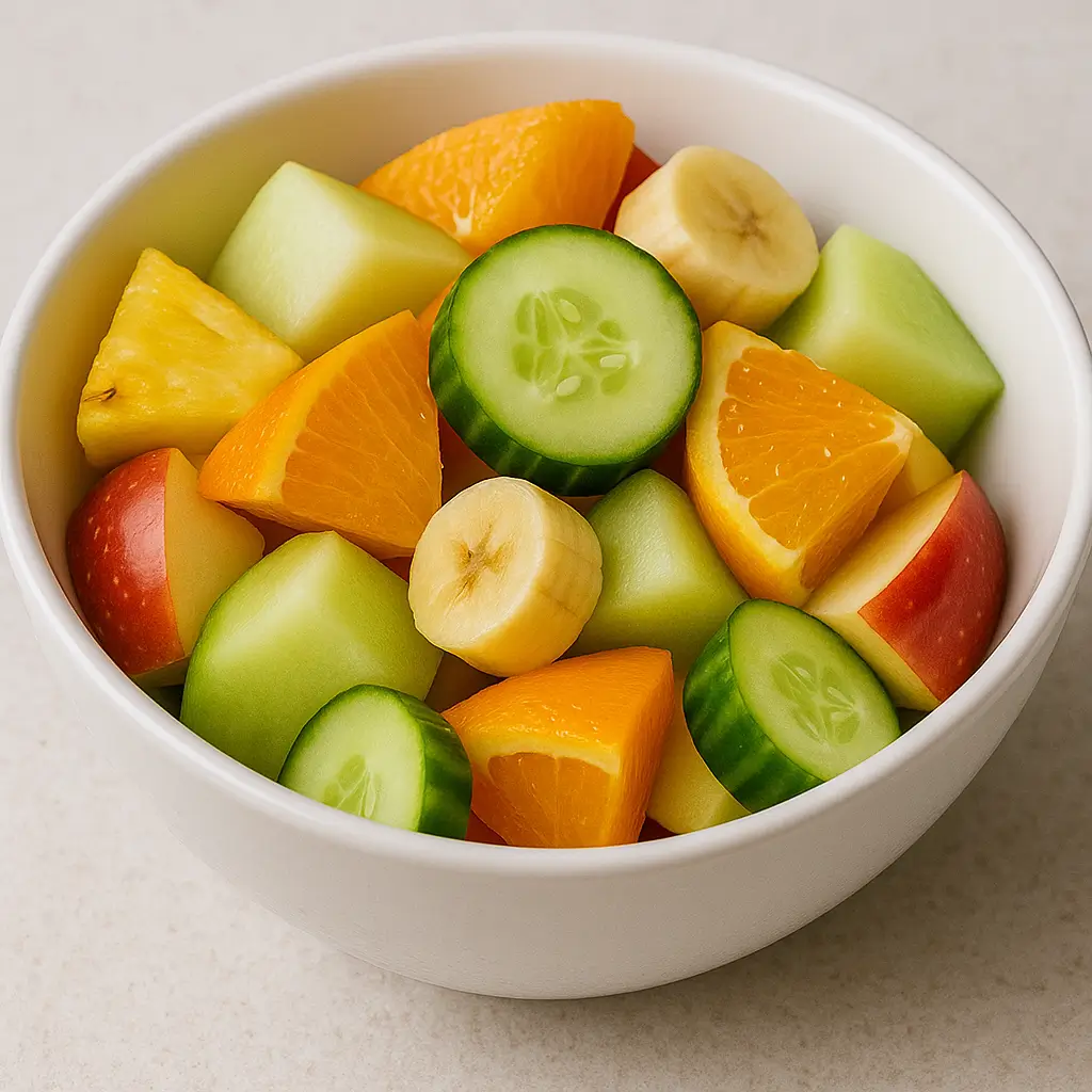 A selection of seasonal mixed fruits, pineapple, melon, apple, banana, orange and cucumber Demartin Mirage Hotel