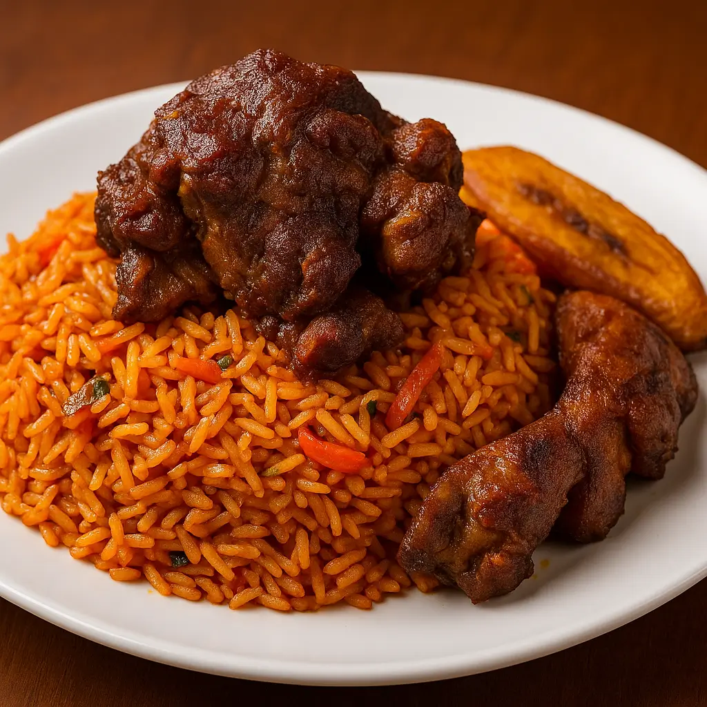 ALL NIGERIAN RICE DISHES SERVED WITH GOAT MEAT Demartin Mirage Resort Nsukka
