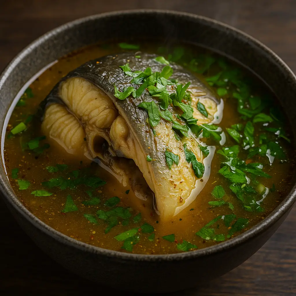 CATFISH PEPPER SOUP with Tenderly cooked cat fish in our special aromatic native broth garnished with scented leaf Demartin Mirage Resort