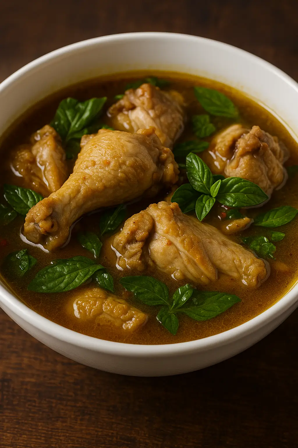 CHICKEN PEPPER SOUP with Tenderly cooked chicken chunks in our special aromatic broth garnished with scented leaf demirage hotel nsukka