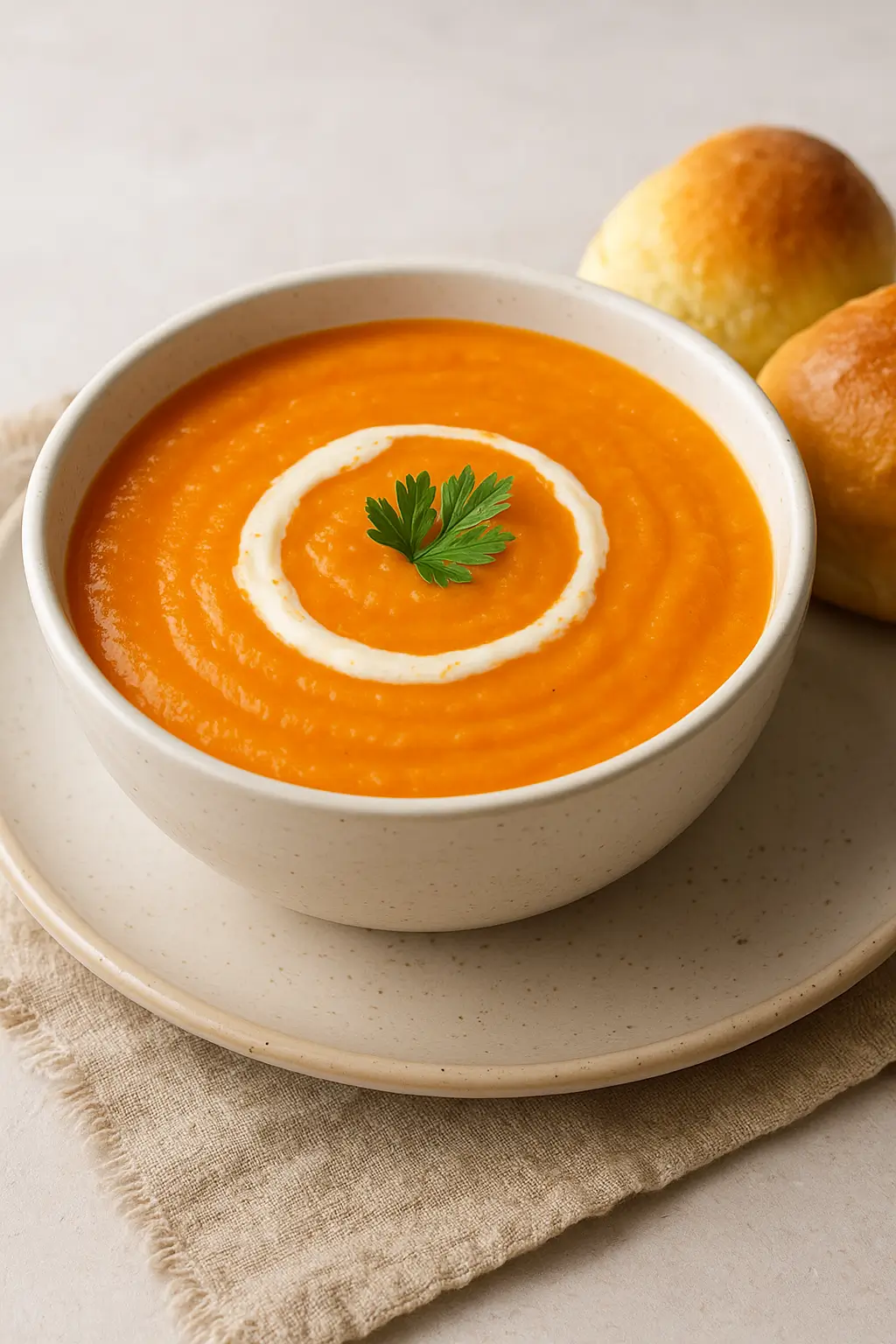 CREAM OF CARROT SOUP with Tasty carrot puree infused with aromatic herbs garnished with cream served with bread rolls