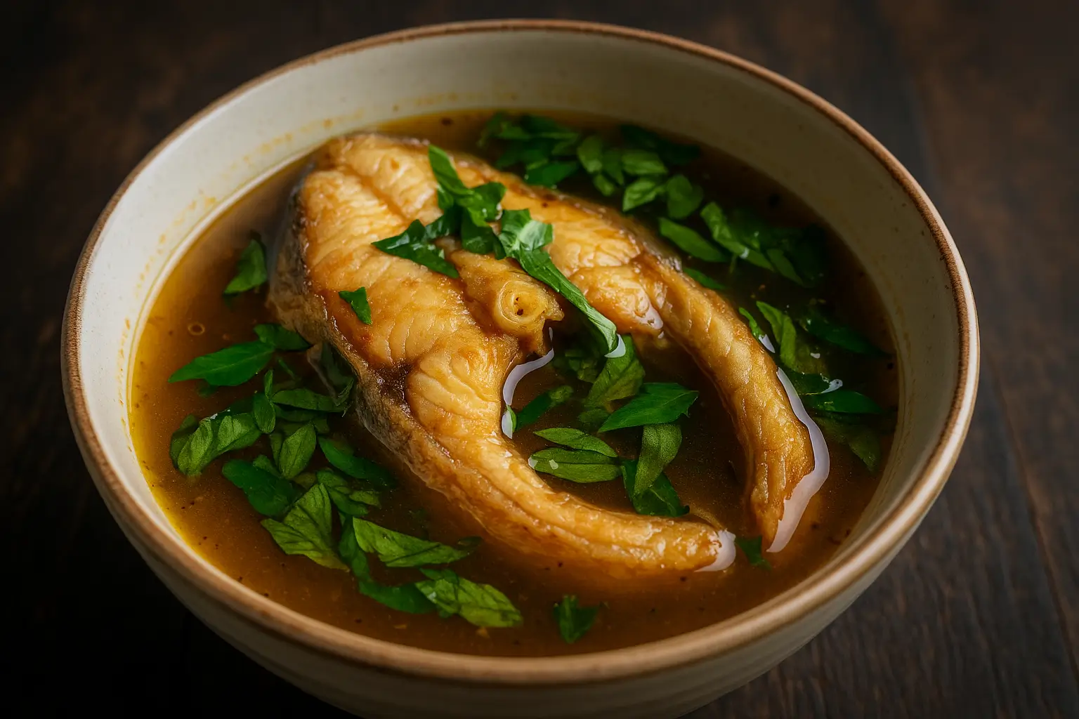 CROAKER FISH PEPPER SOUP with Tenderly cooked croaker fish in our special aromatic native broth garnished with scented leaf