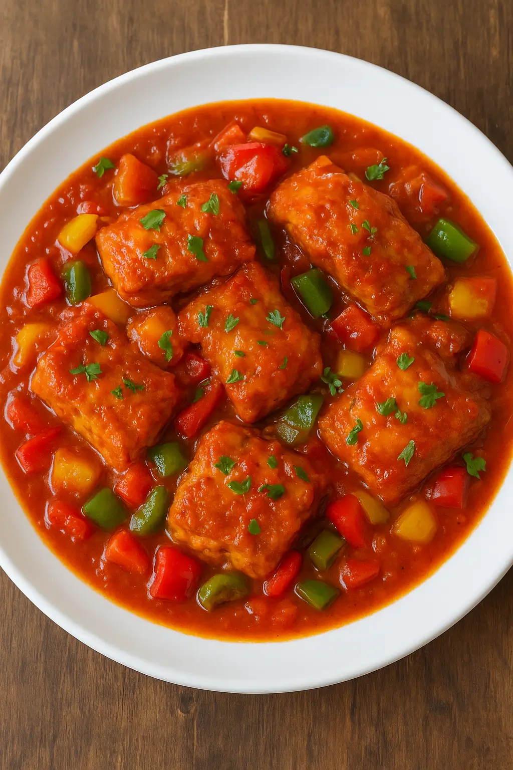 FISH SAUCE with Cooked boneless fish, stewed into special aromatic tomato sauce garnished with bell peppers