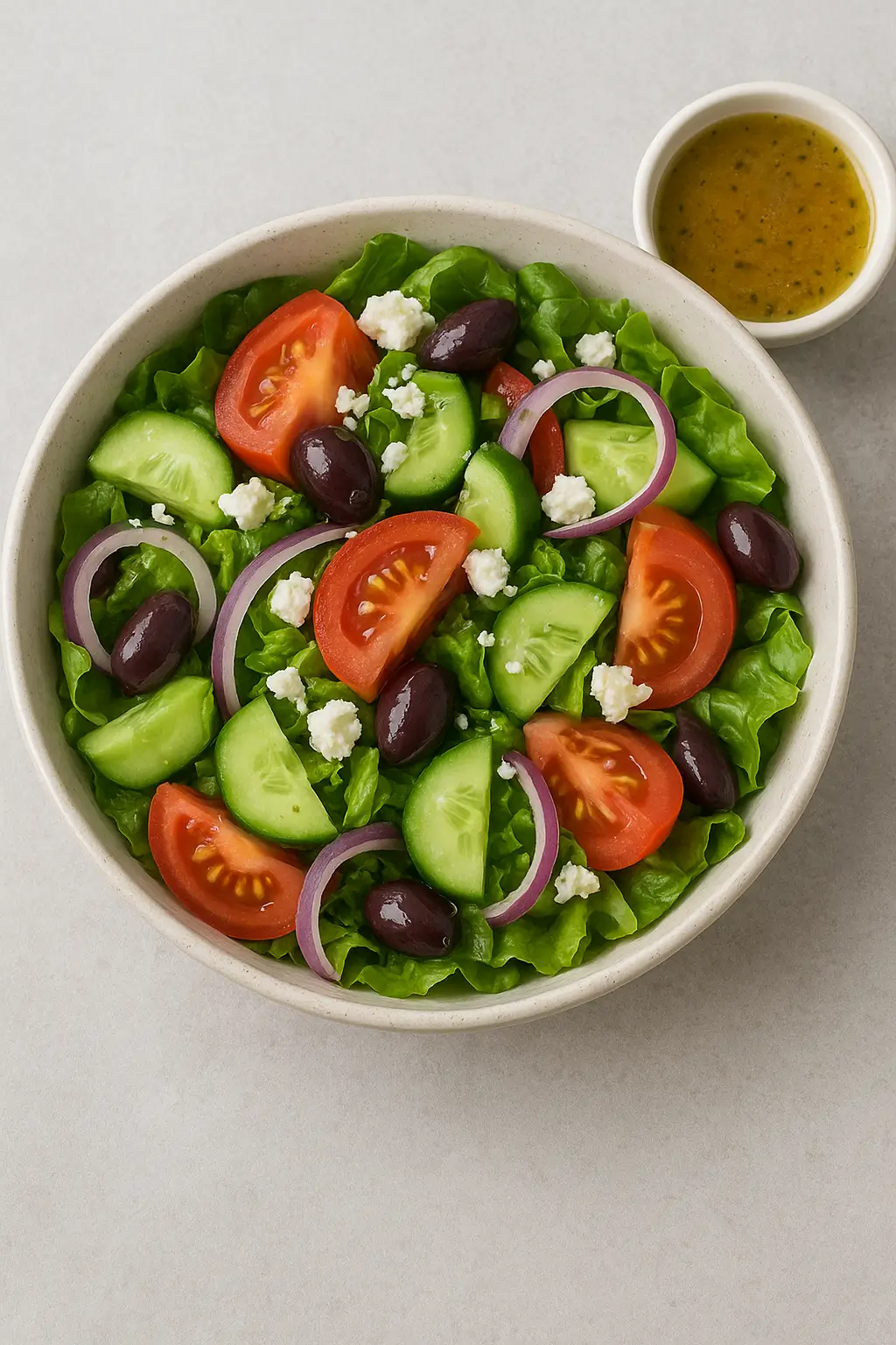 GREEK SALAD with A special mixed veggie combo garnished with feta cheese served with a Greek dressing demartin mirage hotel