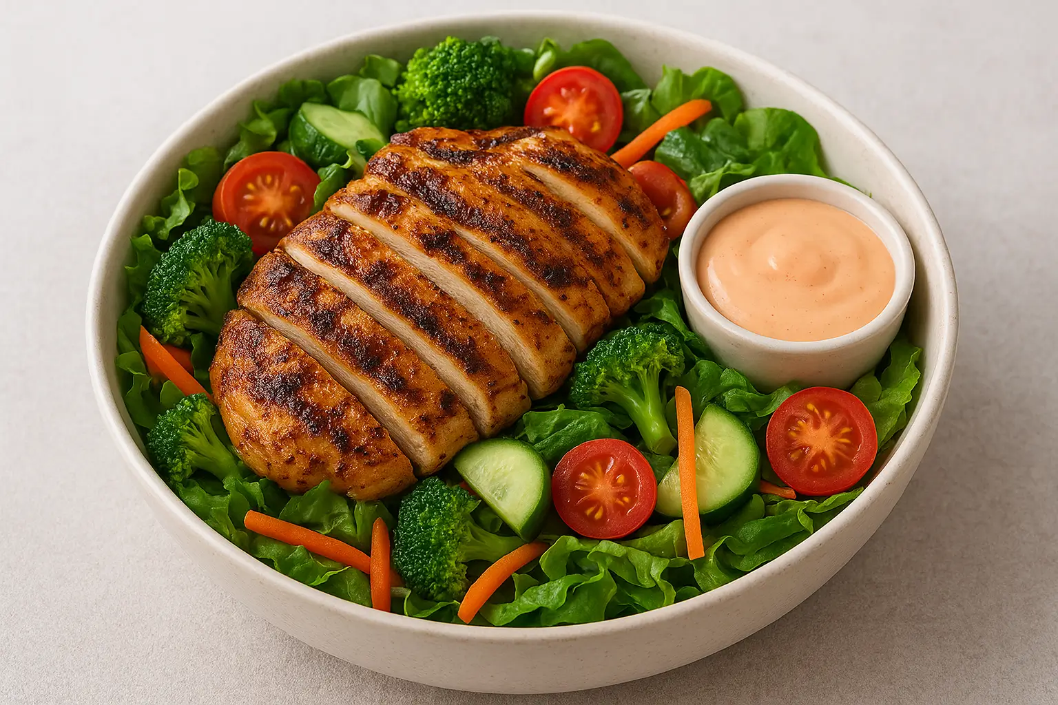 GRILLED CHICKEN SALAD with Boneless chicken breast deeply seasoned and pan grilled, infused with mix vegetables, served with a thousand island dressing demirage hotel resort nsukka