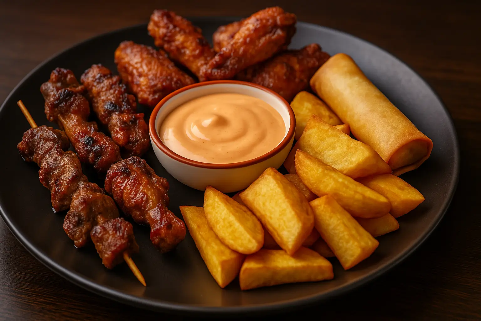 Goat skewer, Spicy wings, Spring roll and Yam chips, served with our special chilled sauce make it super appetizing demirage hotel nsukka