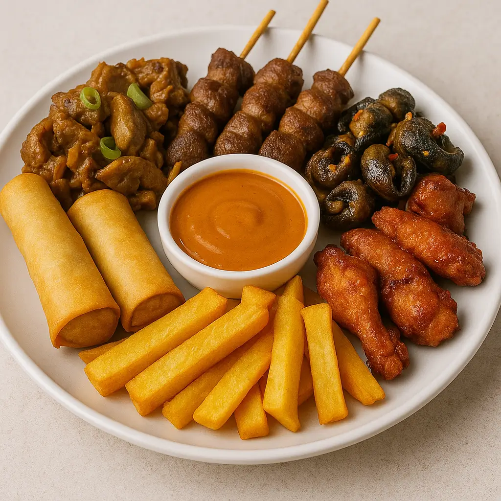 Mini Isi Ewu, Spring Roll, Goat Skewer, Satueed Snails, Spicy Wings, Yam Chips, Served with our special chilled sauce demartin mirage resort