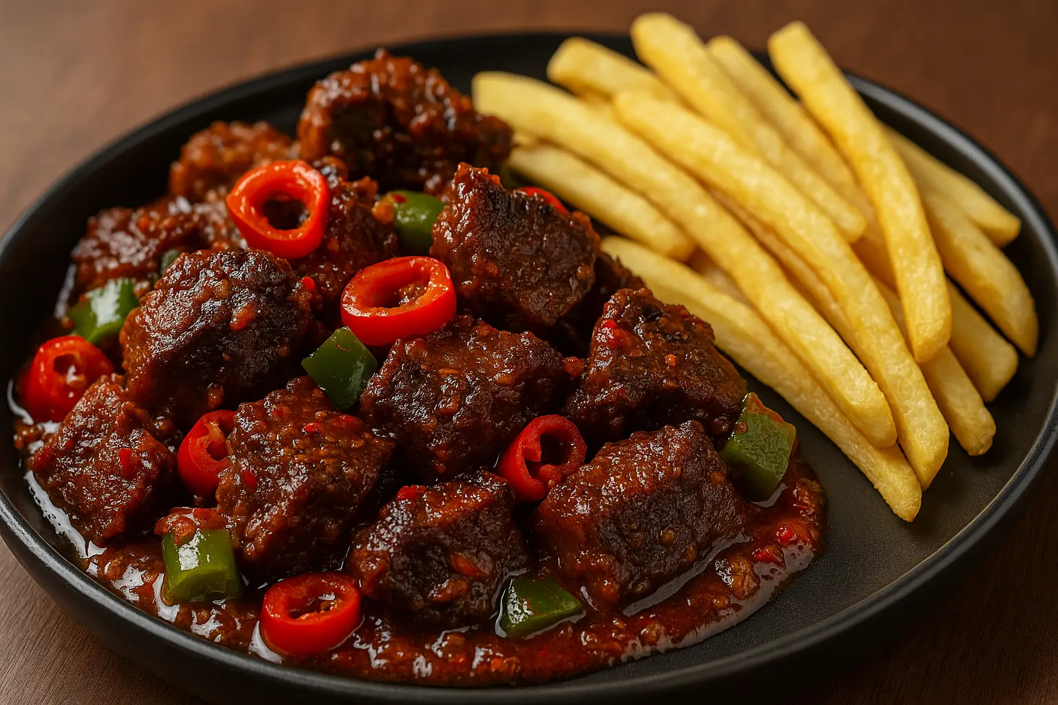 PEPPERED BEEF with Tasty deep fried beef chunks sauteed in our special spicy sauce demirage hotel nsukka