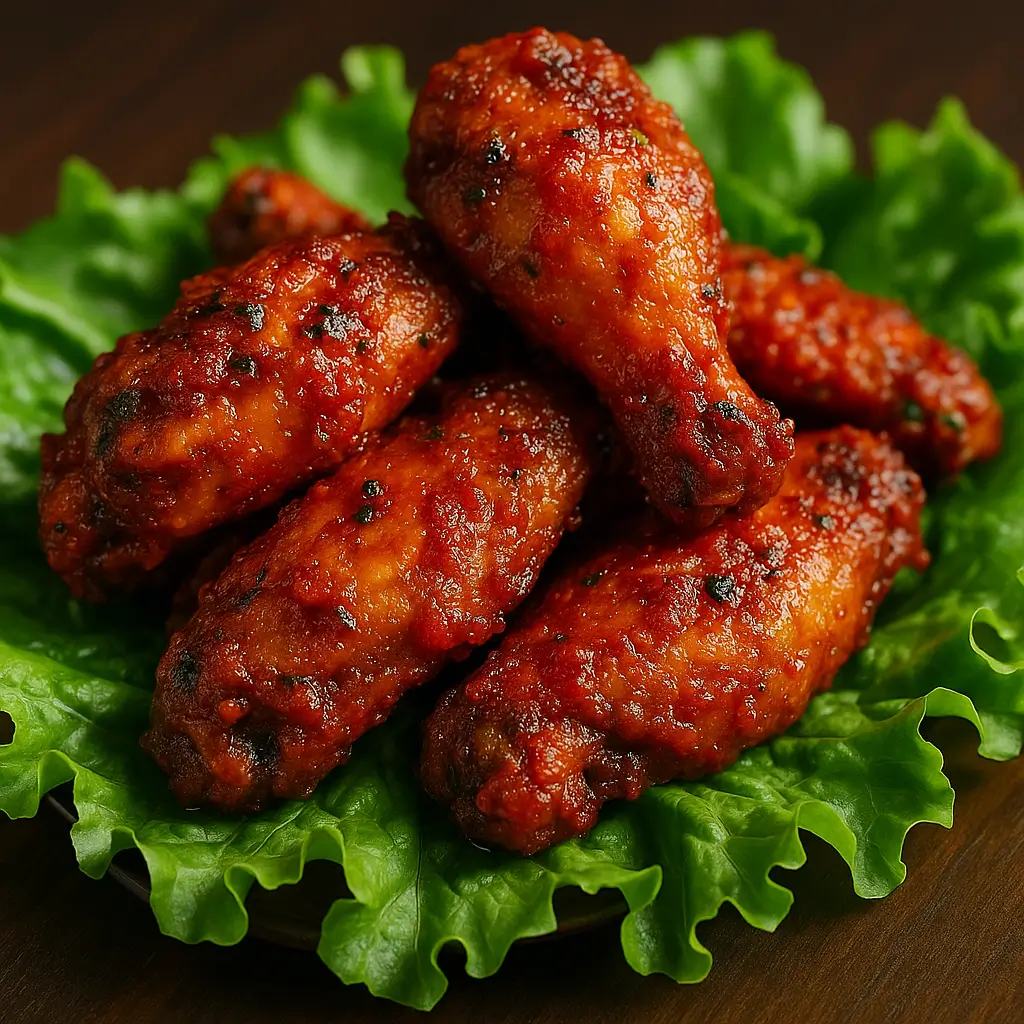 PEPPERED CHICKEN WINGS with Fried tasty wings sauteed in our special spicy sauce served on a bed of green leafy veggie demirage resort
