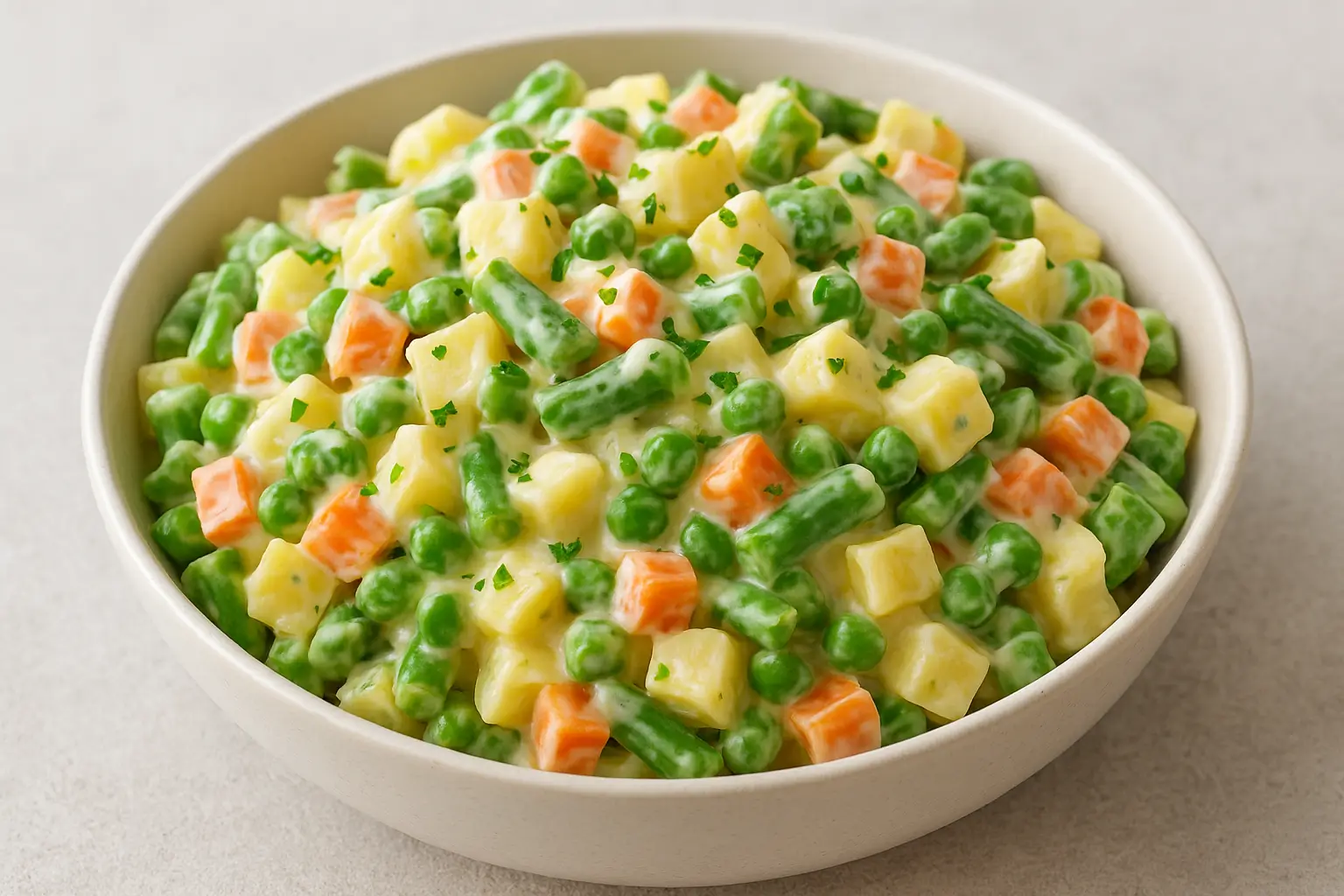 RUSSIAN SALAD with Special combo of diced carrot, irish potato, green beans, green peas, garnished with a tasty mayonnaise sauce demirage hotel nsukka
