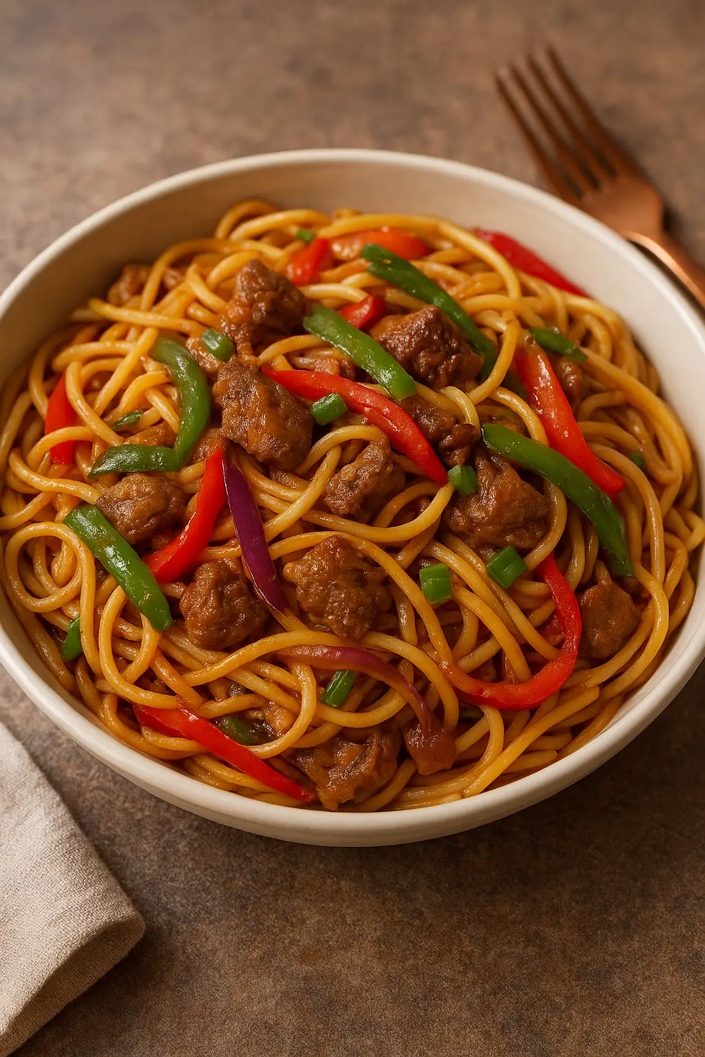 STIR FRIED SPAGHETTI WITH CHICKEN, BEEF OR GOAT MEAT Demartin Mirage Resort Nsukka