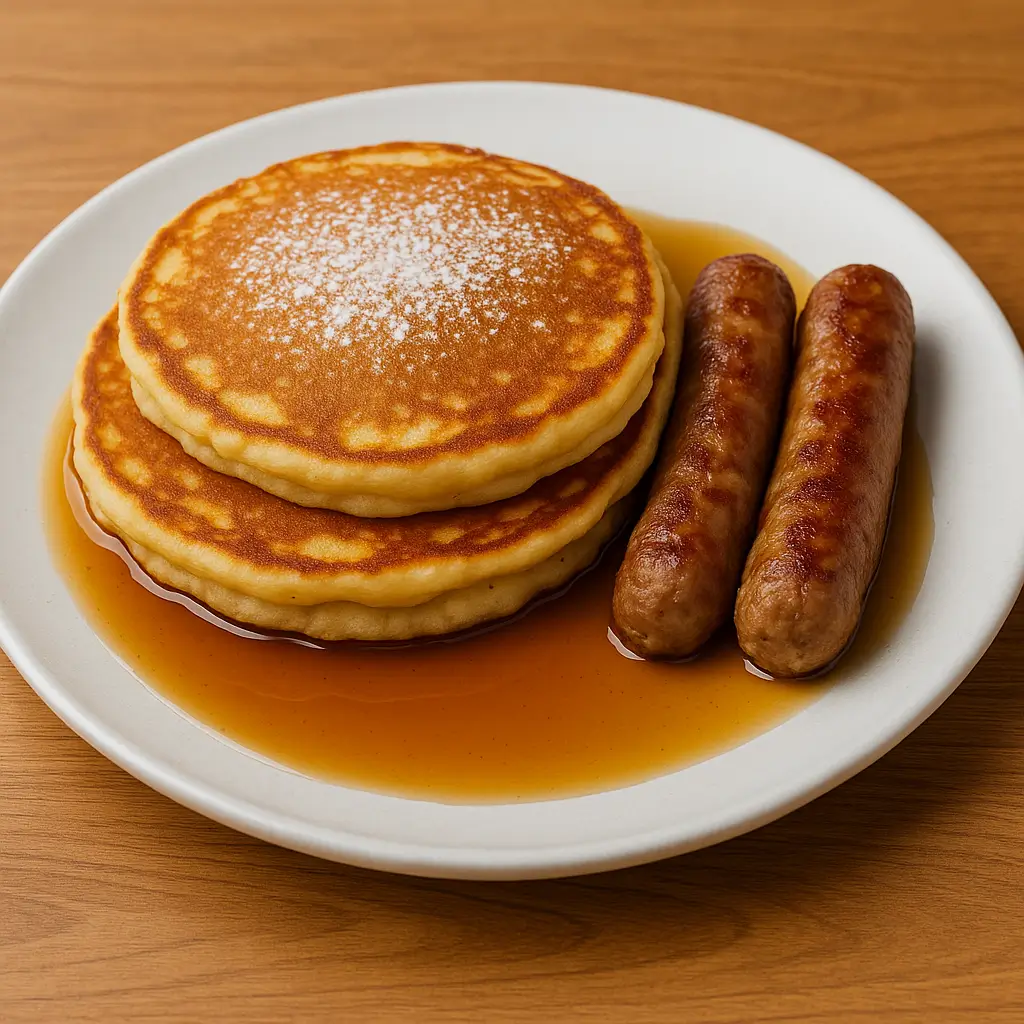 Special creamy batter, pan grilled till golden brown served with sausage and mapple syrup demartin mirage hotel nsukka